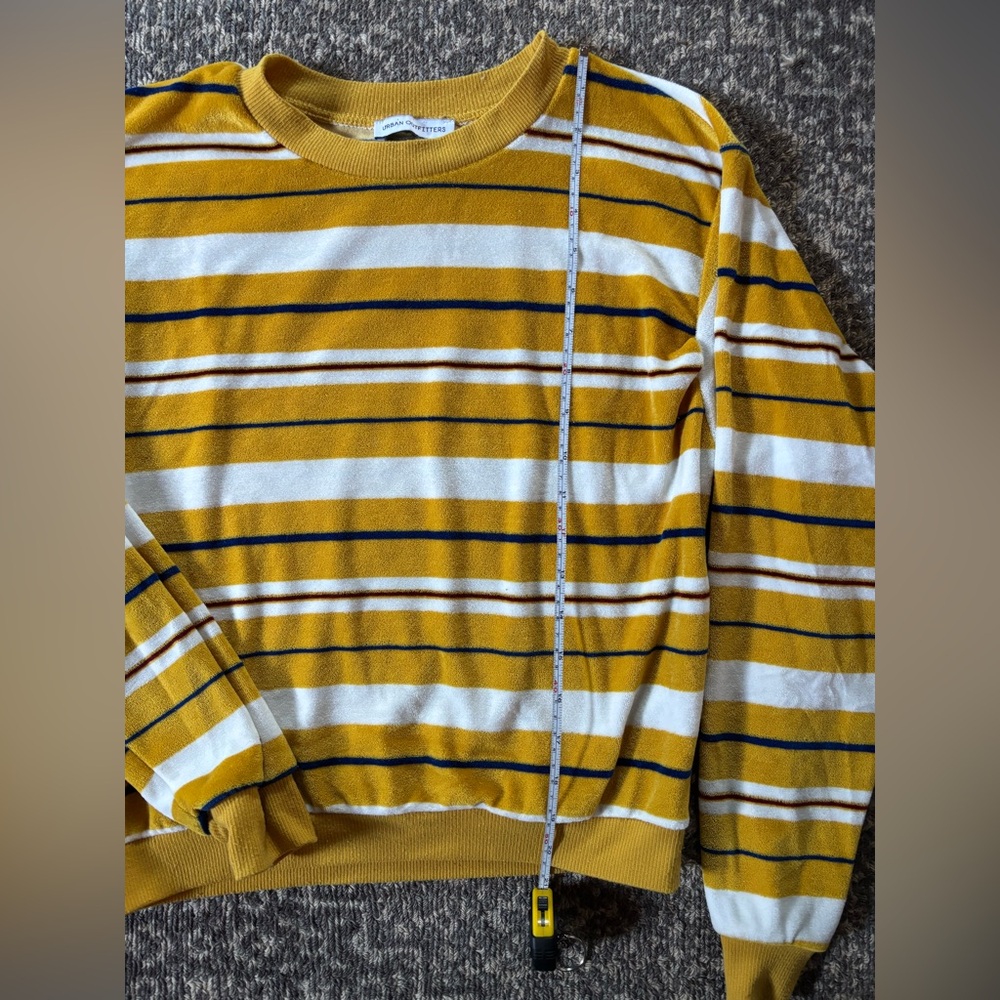 Urban Outfitters Mustard and White Striped Cropped Velour Swearshirt
